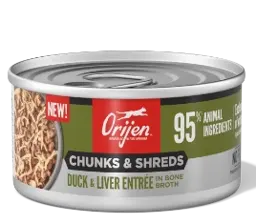 chunks & shreds duck & liver entrée in bone broth